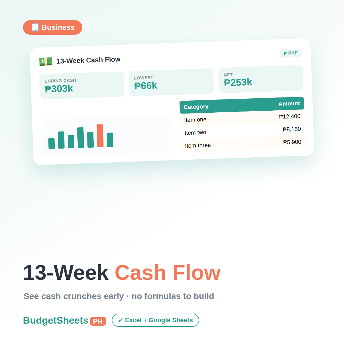 13-Week Cash Flow Forecast spreadsheet by BudgetSheets PH