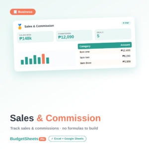 Sales and Commission Tracker spreadsheet by BudgetSheets PH