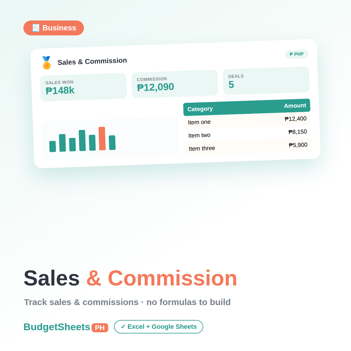 Sales and Commission Tracker spreadsheet by BudgetSheets PH