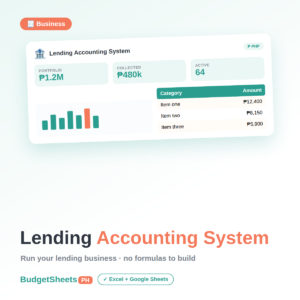 Lending Accounting System spreadsheet by BudgetSheets PH