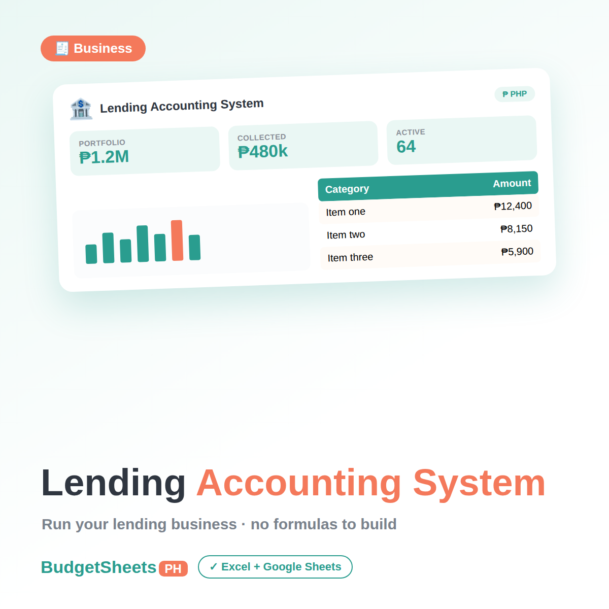 Lending Accounting System spreadsheet by BudgetSheets PH