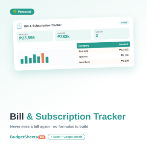 Bill and Subscription Tracker spreadsheet by BudgetSheets PH
