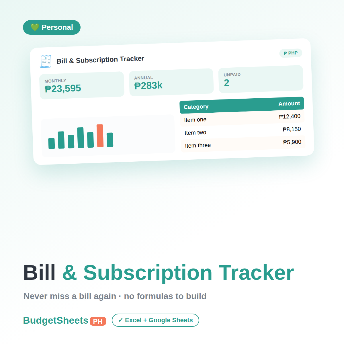Bill and Subscription Tracker spreadsheet by BudgetSheets PH