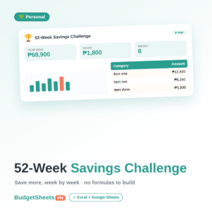 52-Week Savings Challenge spreadsheet by BudgetSheets PH