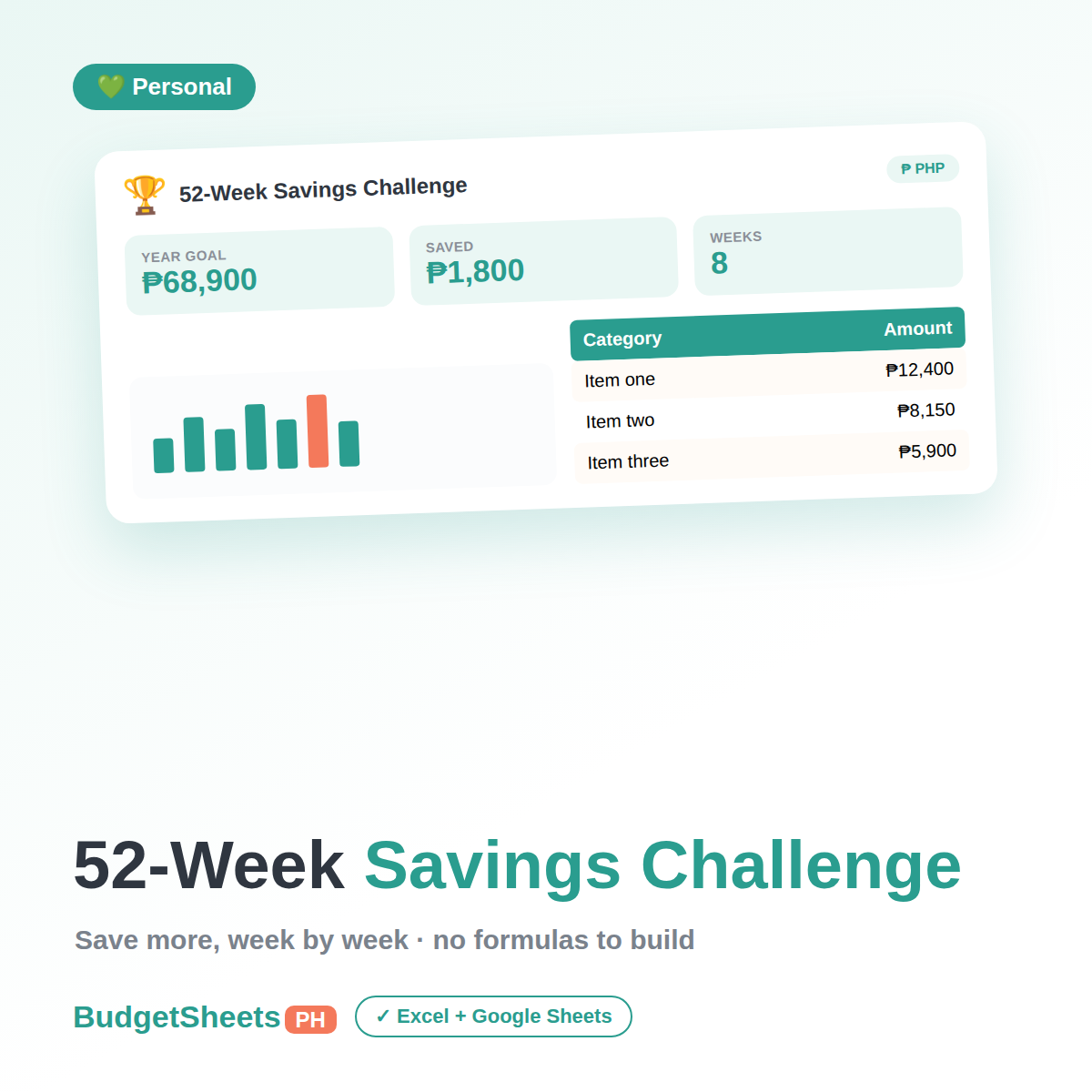 52-Week Savings Challenge spreadsheet by BudgetSheets PH