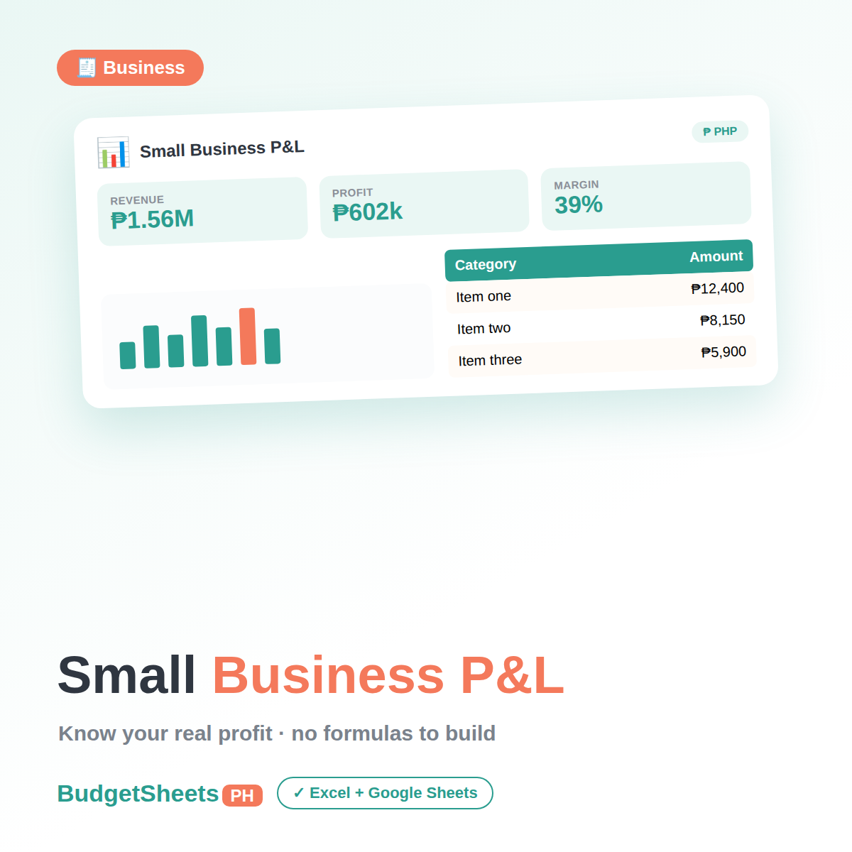 Small Business Profit and Loss spreadsheet by BudgetSheets PH