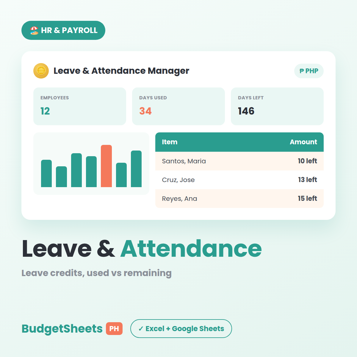 Leave & Attendance Manager spreadsheet template — BudgetSheets PH