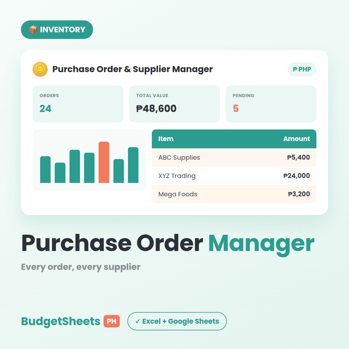 Purchase Order & Supplier Manager spreadsheet template — BudgetSheets PH