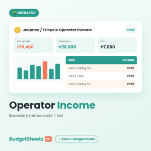 Jeepney / Tricycle Operator Income spreadsheet template — BudgetSheets PH